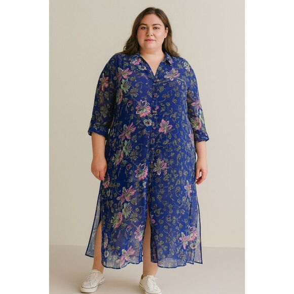 C Wonder Sheer Duster Top Plus Size 26WP Long Sleeve Coverup Floral Womans - Picture 10 of 10